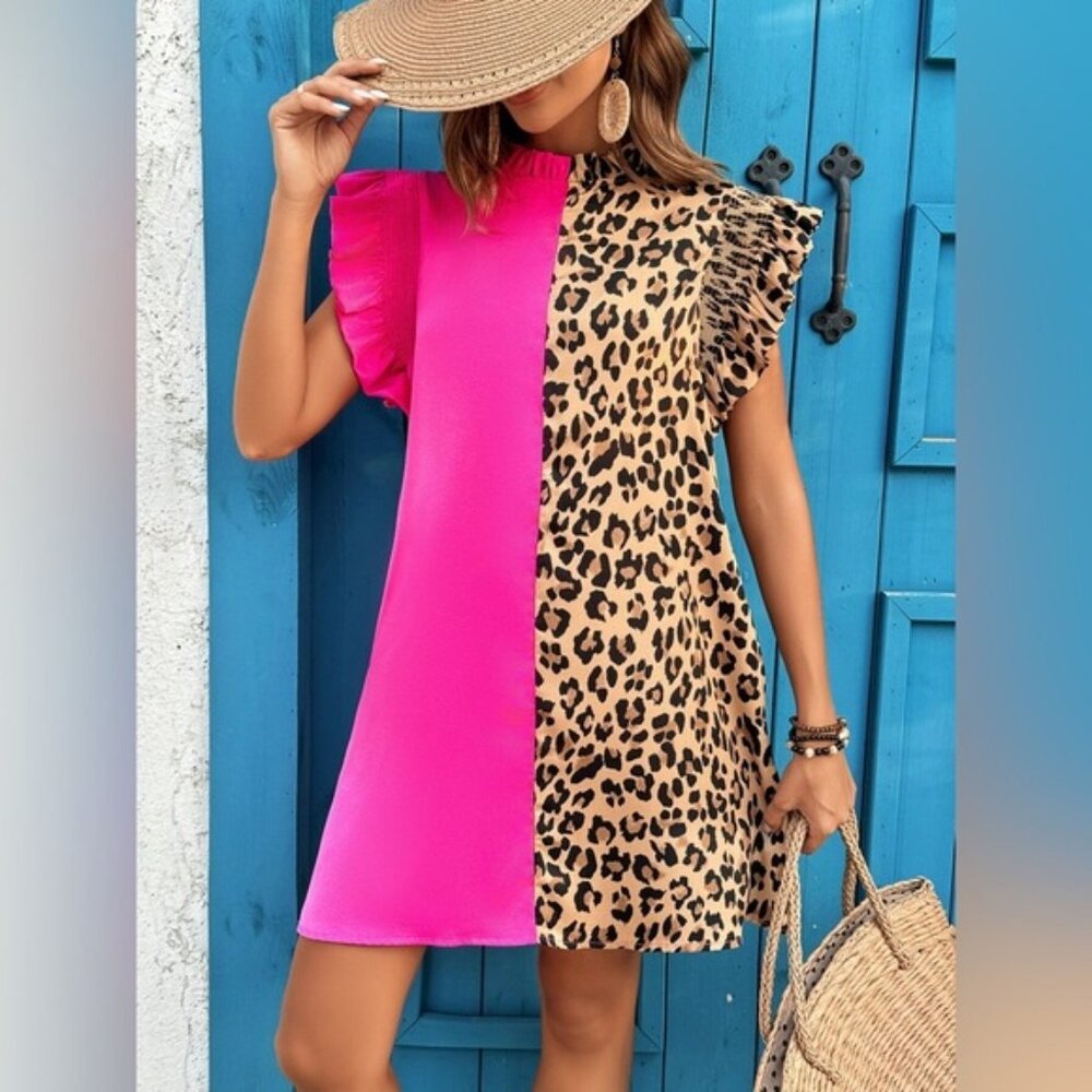 Leopard Color Block Ruffle Sleeve Dress - Picture 5 of 10